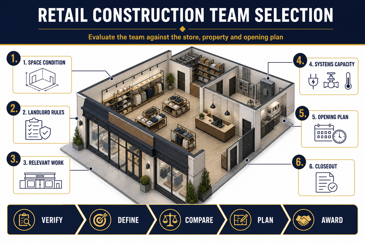 Retail Construction Team Selection Framework Retail construction team selection framework covering space condition, landlord rules, relevant work, building systems, opening plan and closeout