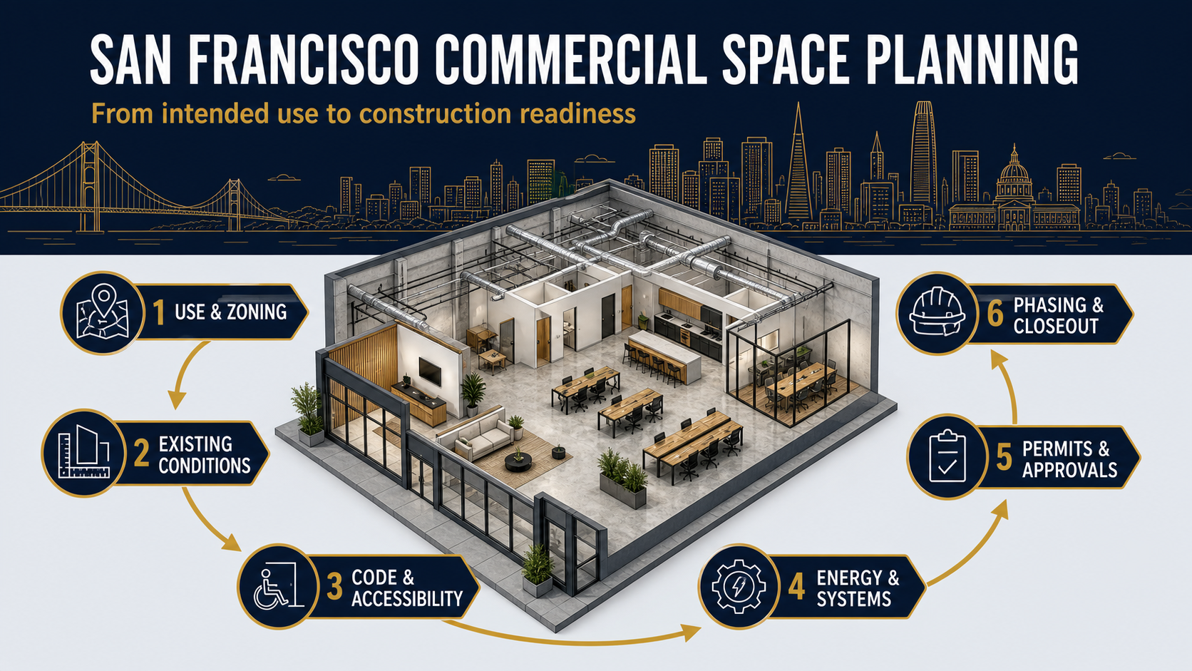 San Francisco commercial space planning framework covering use, conditions, code, systems, permits, phasing and closeout