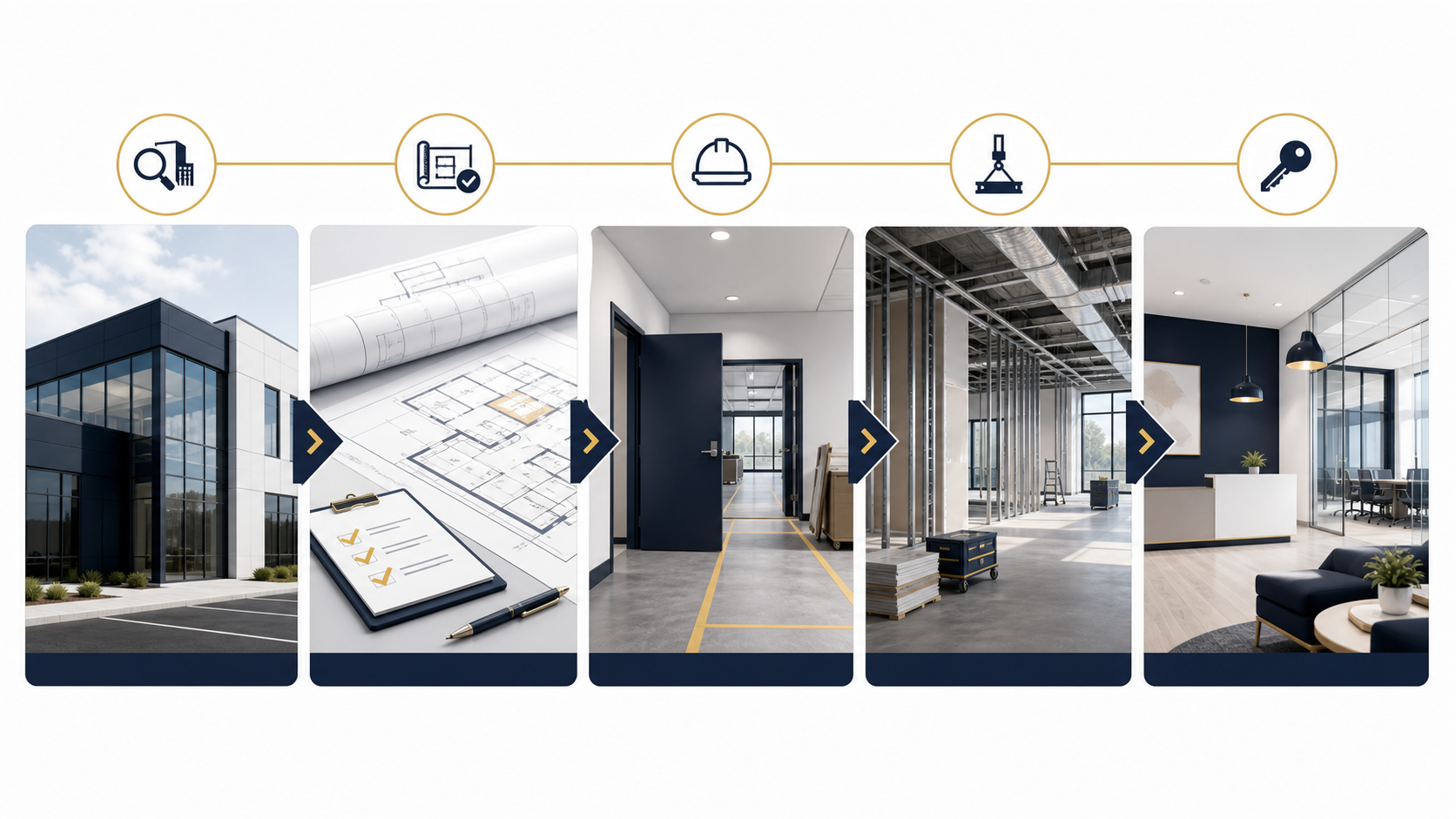 Illustrated commercial project-planning sequence from property review and documents through construction and turnover.