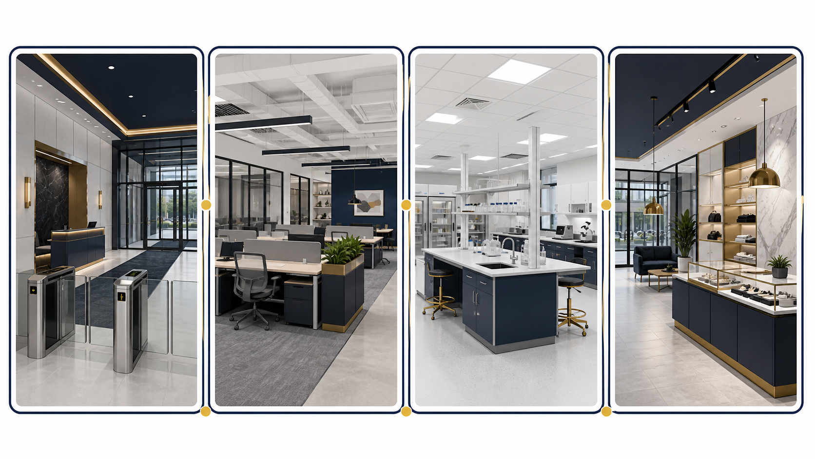 Illustrated commercial project types including capital improvements, tenant interiors, life-science spaces and retail construction.