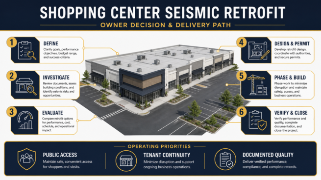 Shopping Center Seismic Retrofit: Owner Decision and Delivery Path Six-stage shopping center seismic retrofit path from defining objectives through investigation, engineering, construction and closeout