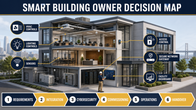 Six-stage decision map for commercial smart-building technology covering requirements, integration, cybersecurity, commissioning, operations and handover.
