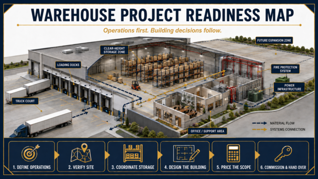 Warehouse project readiness map showing truck court, loading docks, storage, fire protection, power and six planning stages