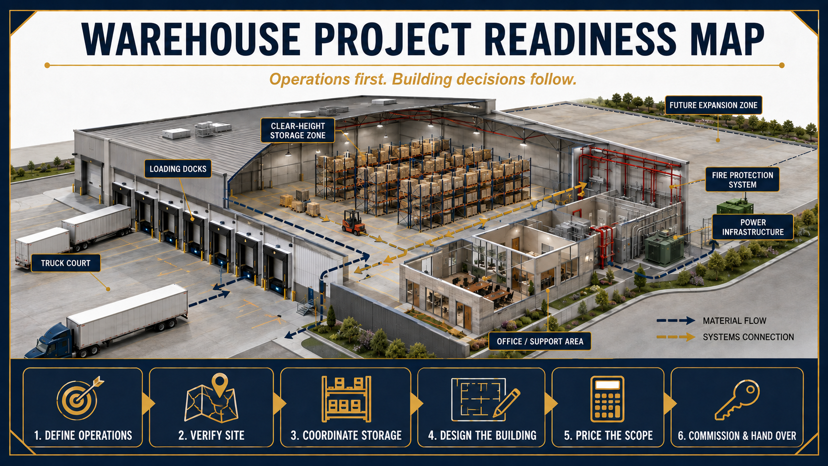 Warehouse Project Readiness Map Warehouse project readiness map showing truck court, loading docks, storage, fire protection, power and six planning stages