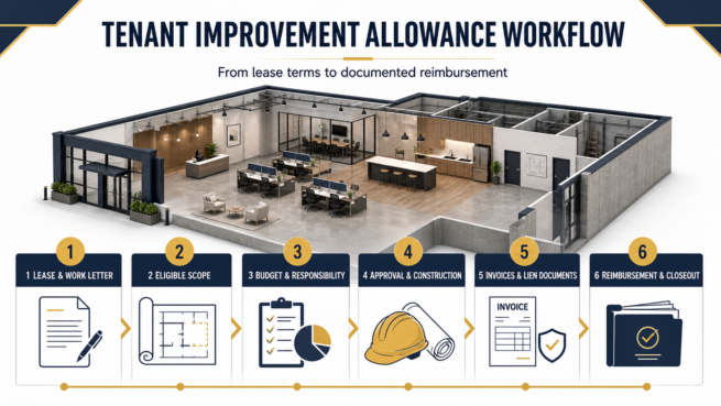 Tenant improvement allowance workflow from lease terms and eligible scope through approval, invoices, reimbursement and closeout