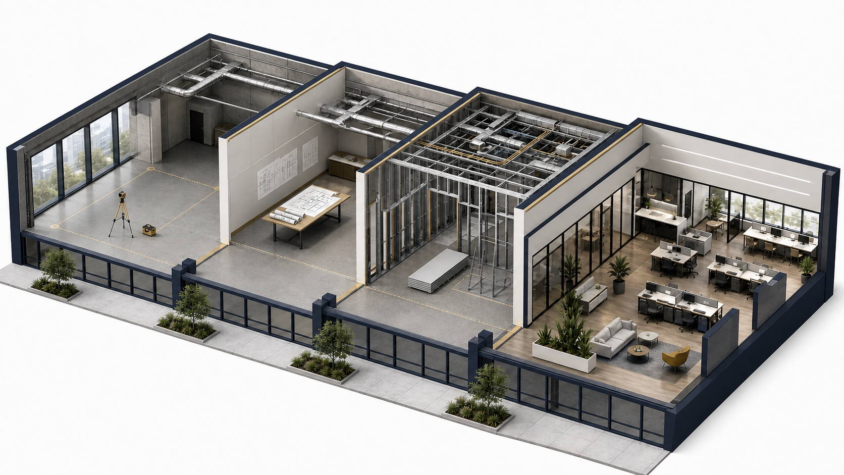 Illustration showing a tenant improvement progressing from existing-space review through planning and construction to a completed workplace