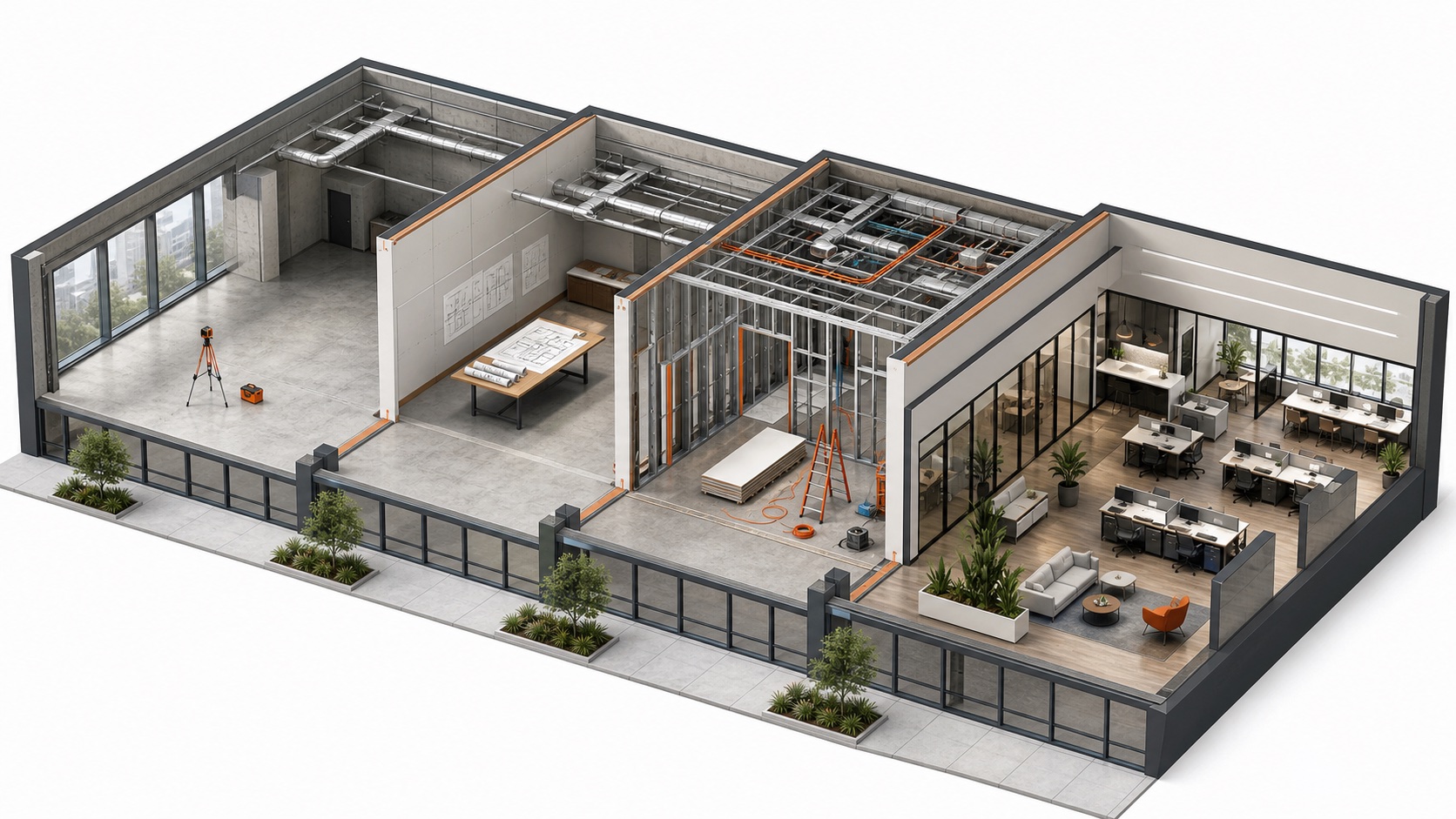 Illustration showing a tenant improvement progressing from existing-space review through planning and construction to a completed workplace