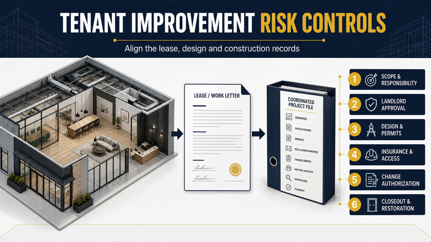 Tenant Improvement Risk-Control Framework Tenant improvement risk controls aligning scope, landlord approval, design, permits, insurance, changes, closeout and restoration