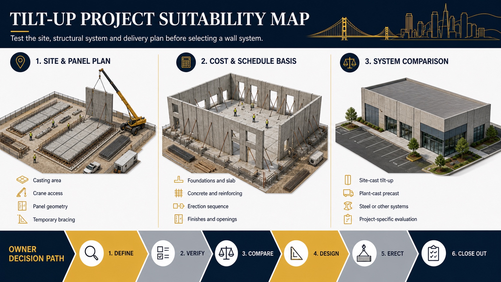 Tilt-Up Project Suitability Map Tilt-up project suitability map covering site planning, cost and schedule inputs, and system comparison
