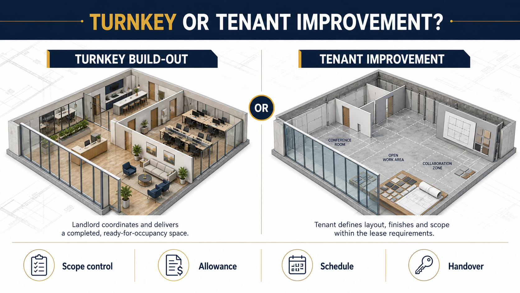 Comparison of turnkey build-out and tenant-improvement approaches for commercial spaces