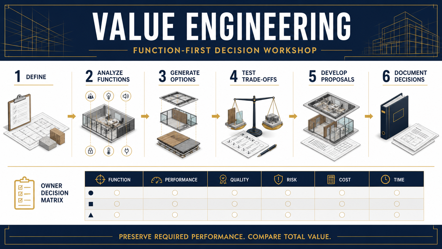 Six-stage value engineering decision workshop for commercial construction
