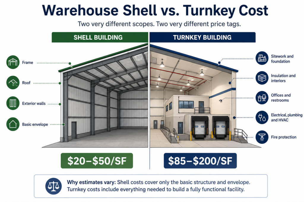 warehouse shell and turnkey cost