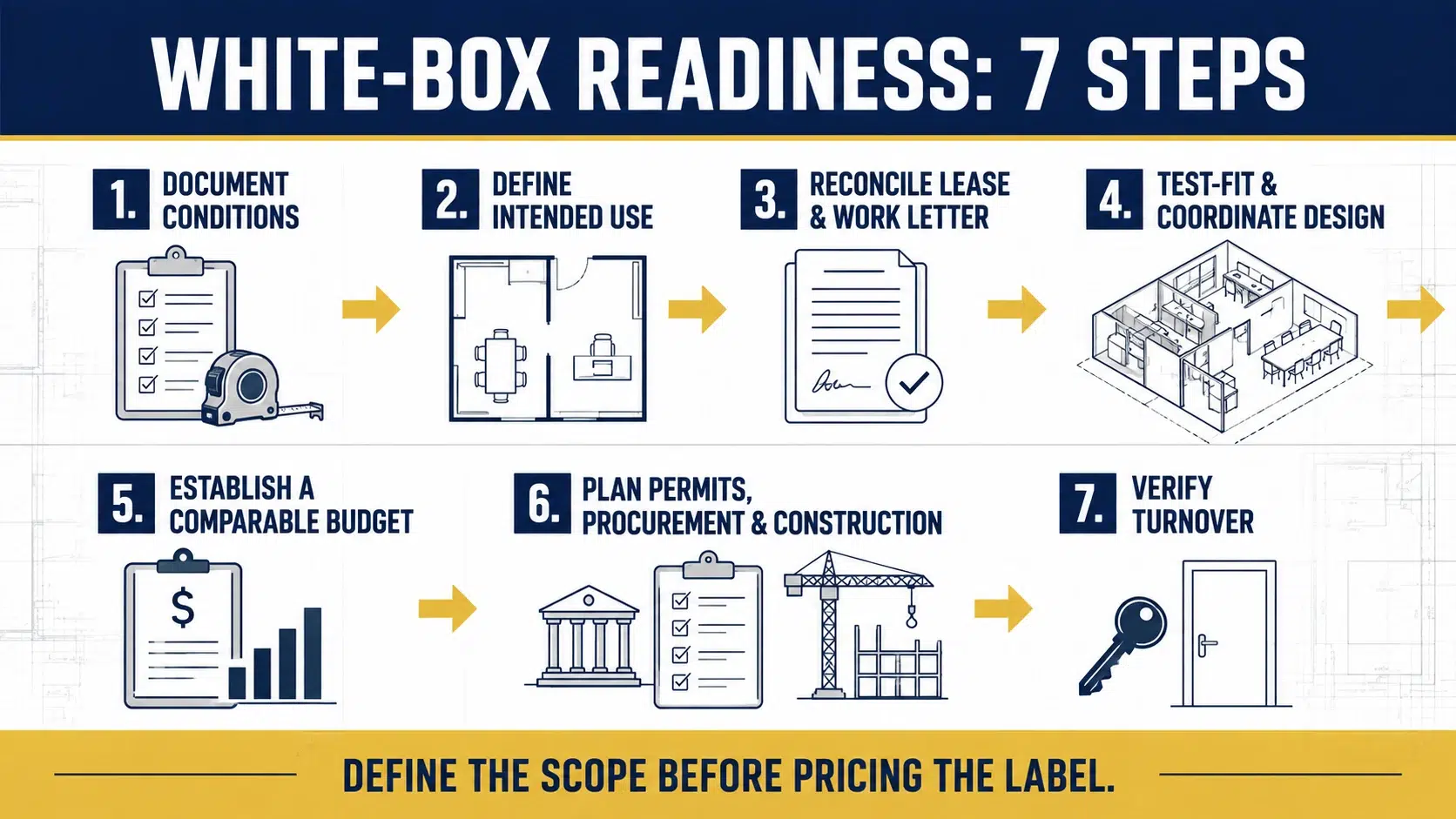 Seven-step white-box readiness process from existing-condition documentation through verified turnover