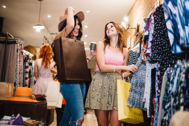 women enjoying shopping in shopping mall in san francisco